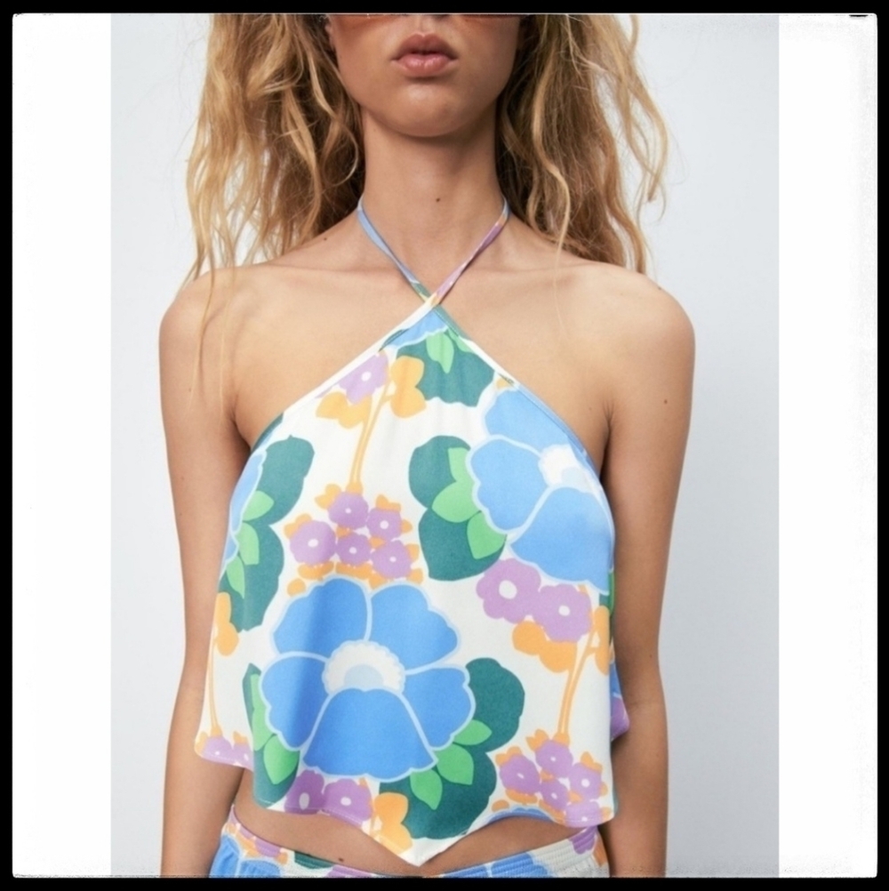 NWT Zara Retro 70s Floral Halter Top - Hanky Hem Backless Scarf Top XS Festival - Picture 2 of 12